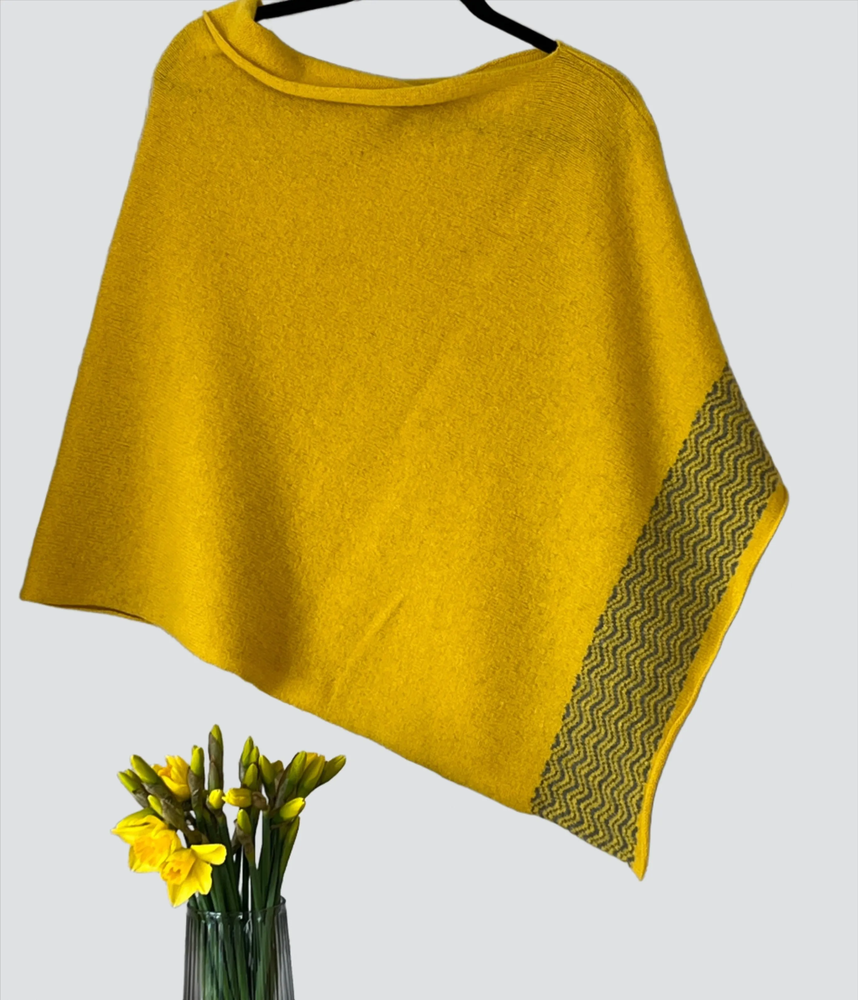Poncho Soft Merino Lambswool Piccalilli Yellow with grey wavy border