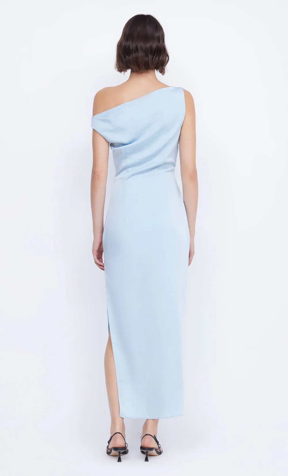 ROCHELLE ASYM MIDI DRESS - DOLPHIN BLUE