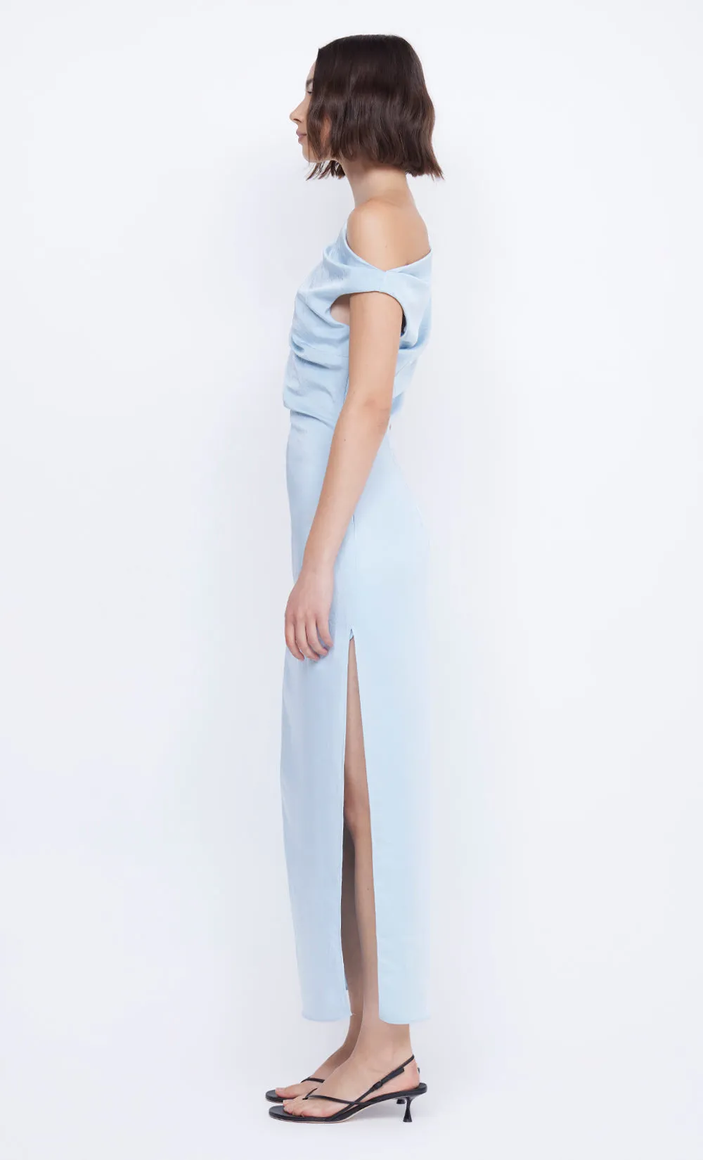 ROCHELLE ASYM MIDI DRESS - DOLPHIN BLUE