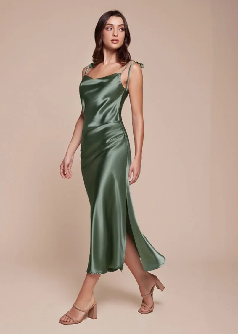 Rosie Satin Slip Cowl Neck Midi Dress Emerald