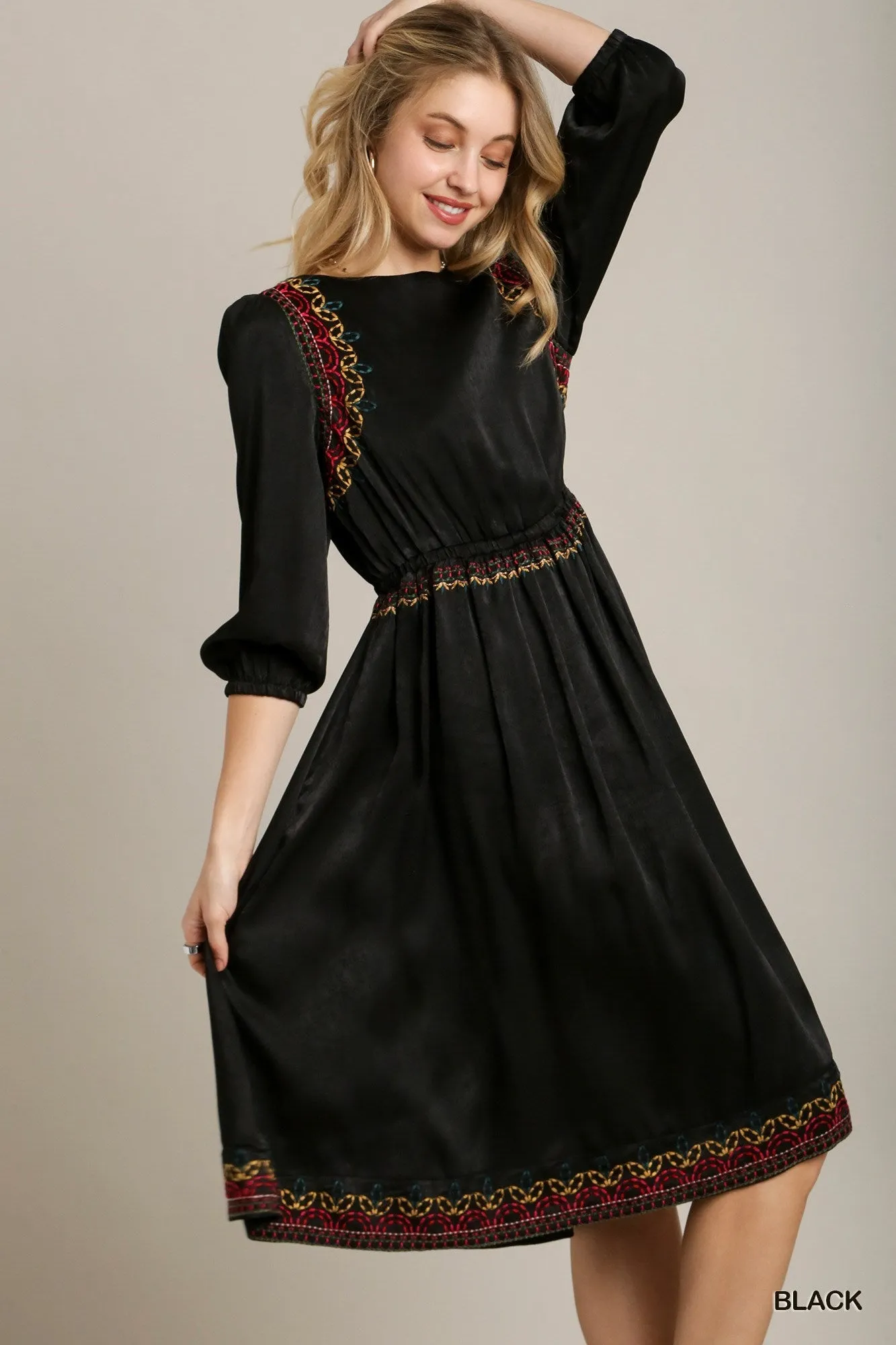 Satin Round Neck Embroidery Midi Dress - 2 colors