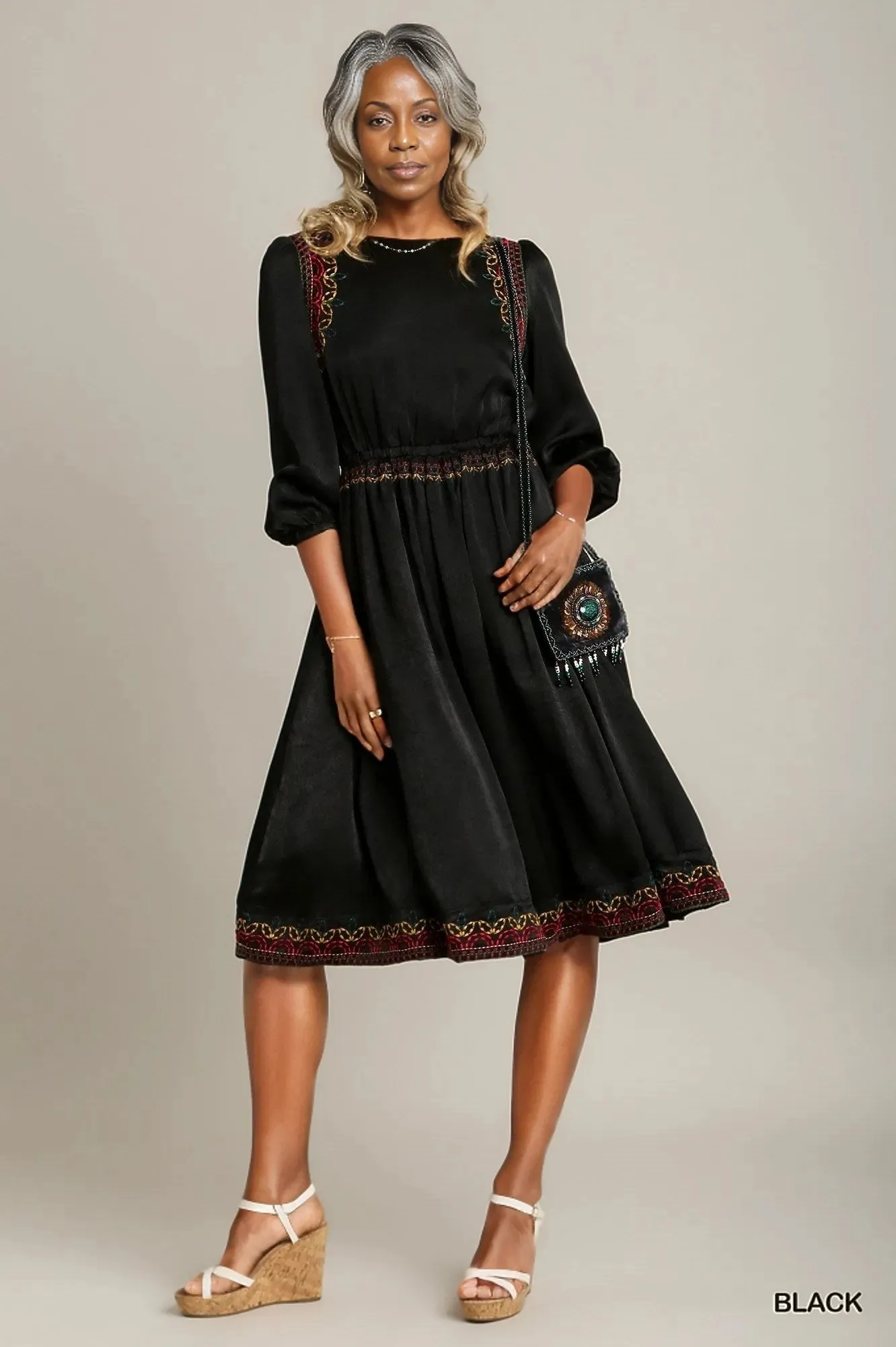 Satin Round Neck Embroidery Midi Dress - 2 colors