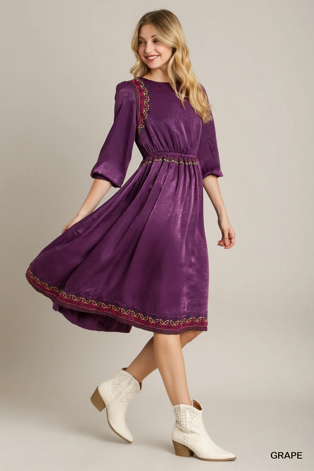 Satin Round Neck Embroidery Midi Dress - 2 colors