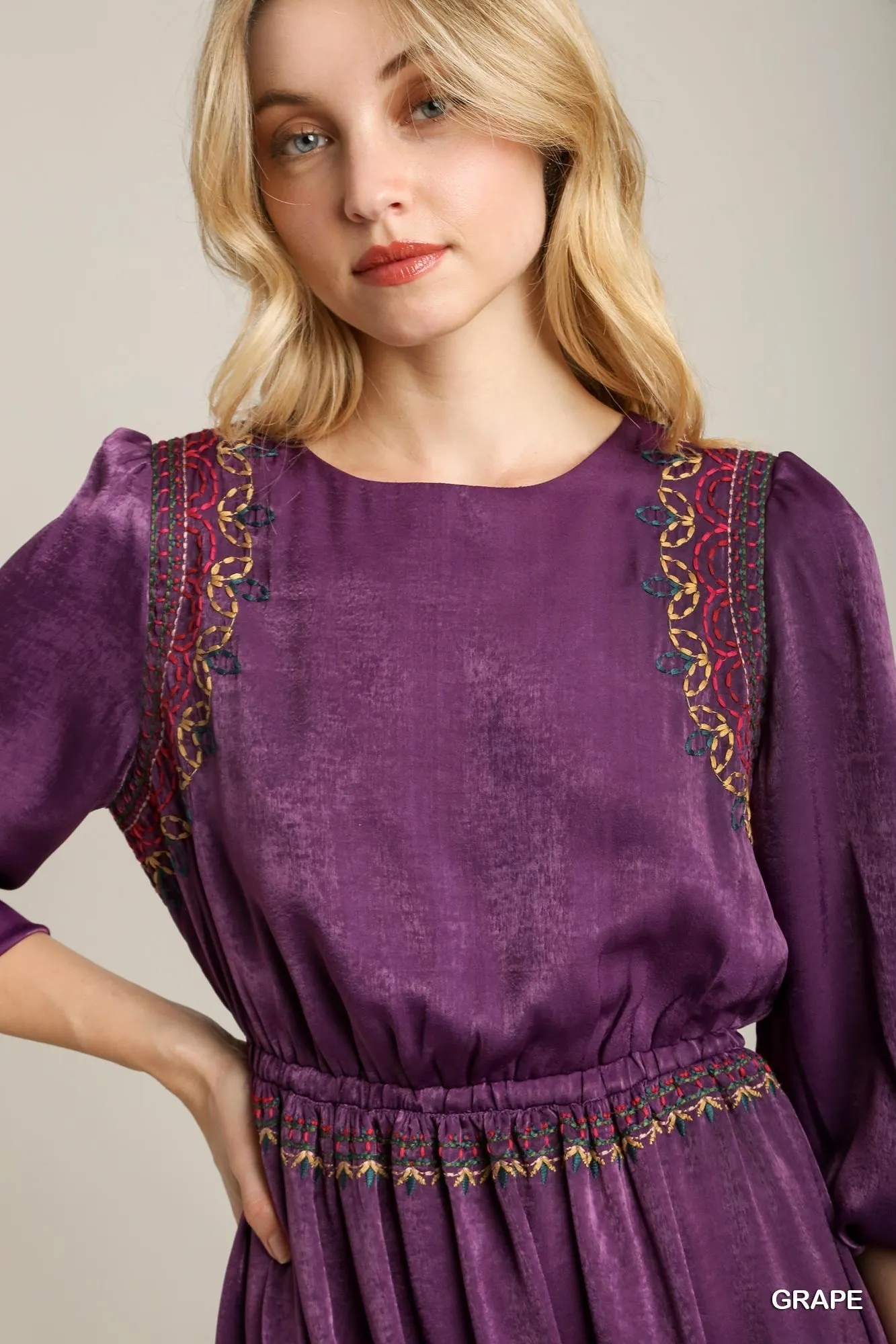 Satin Round Neck Embroidery Midi Dress - 2 colors
