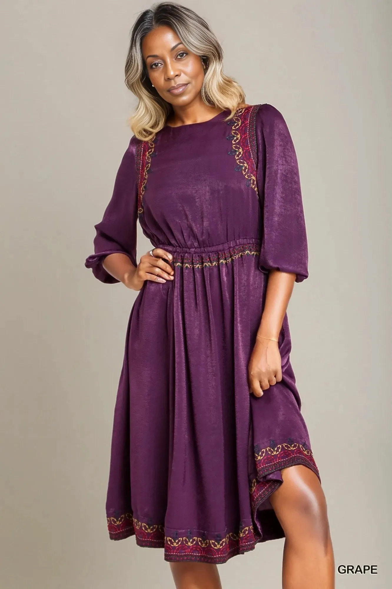 Satin Round Neck Embroidery Midi Dress - 2 colors