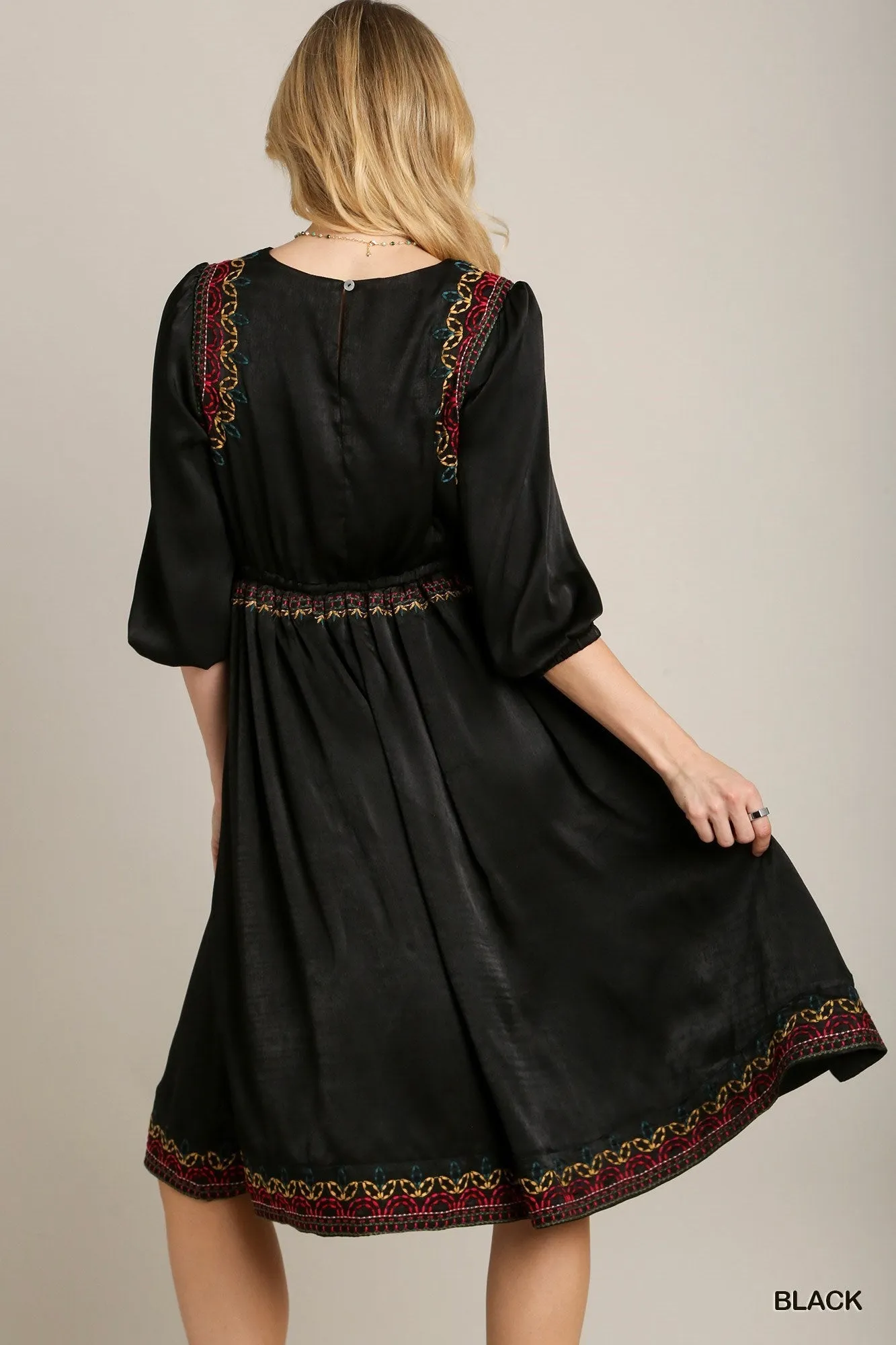 Satin Round Neck Embroidery Midi Dress - 2 colors
