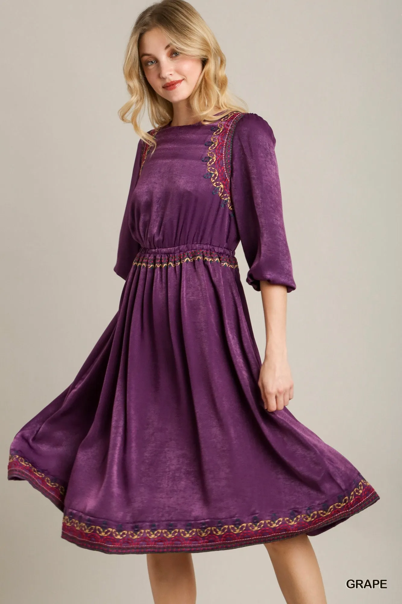 Satin Round Neck Embroidery Midi Dress - 2 colors