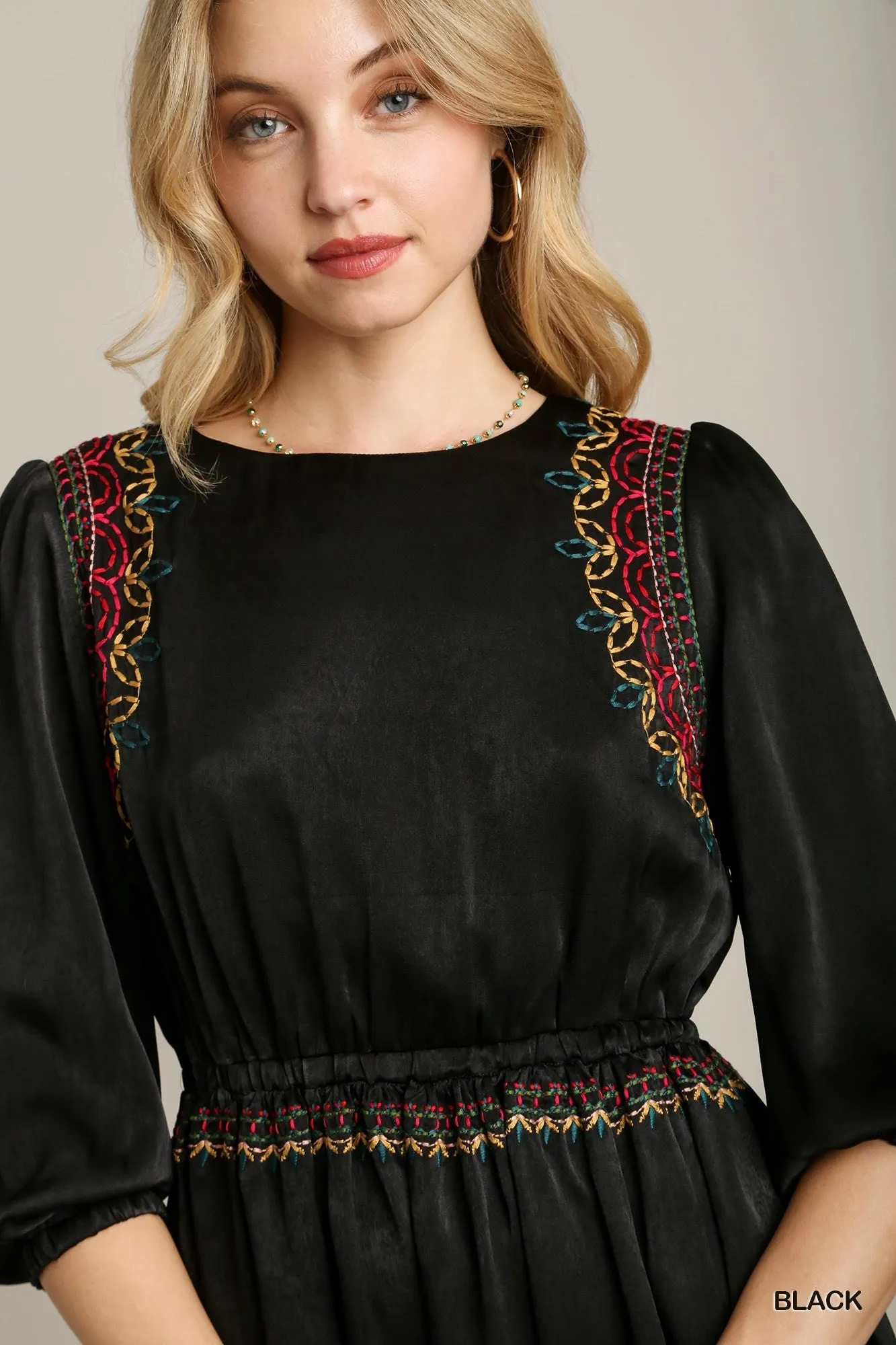 Satin Round Neck Embroidery Midi Dress - 2 colors