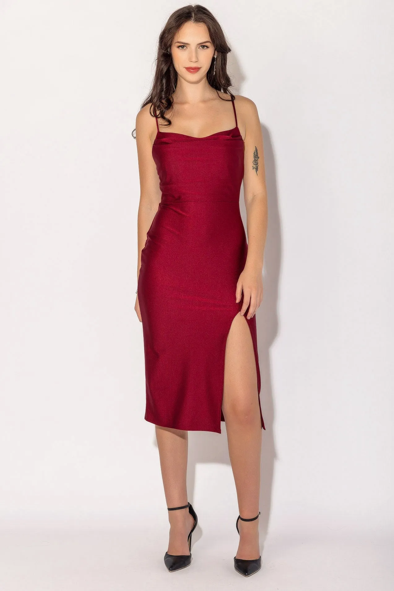 Satin Spaghetti Strap Midi Dress with Side Slit
