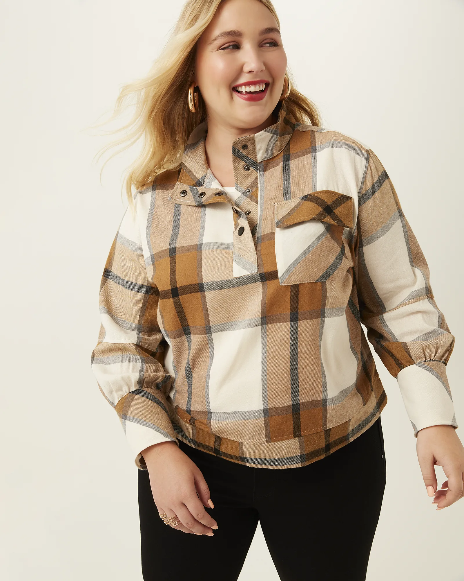 Sharon Plaid Shacket Pullover | White / Brown