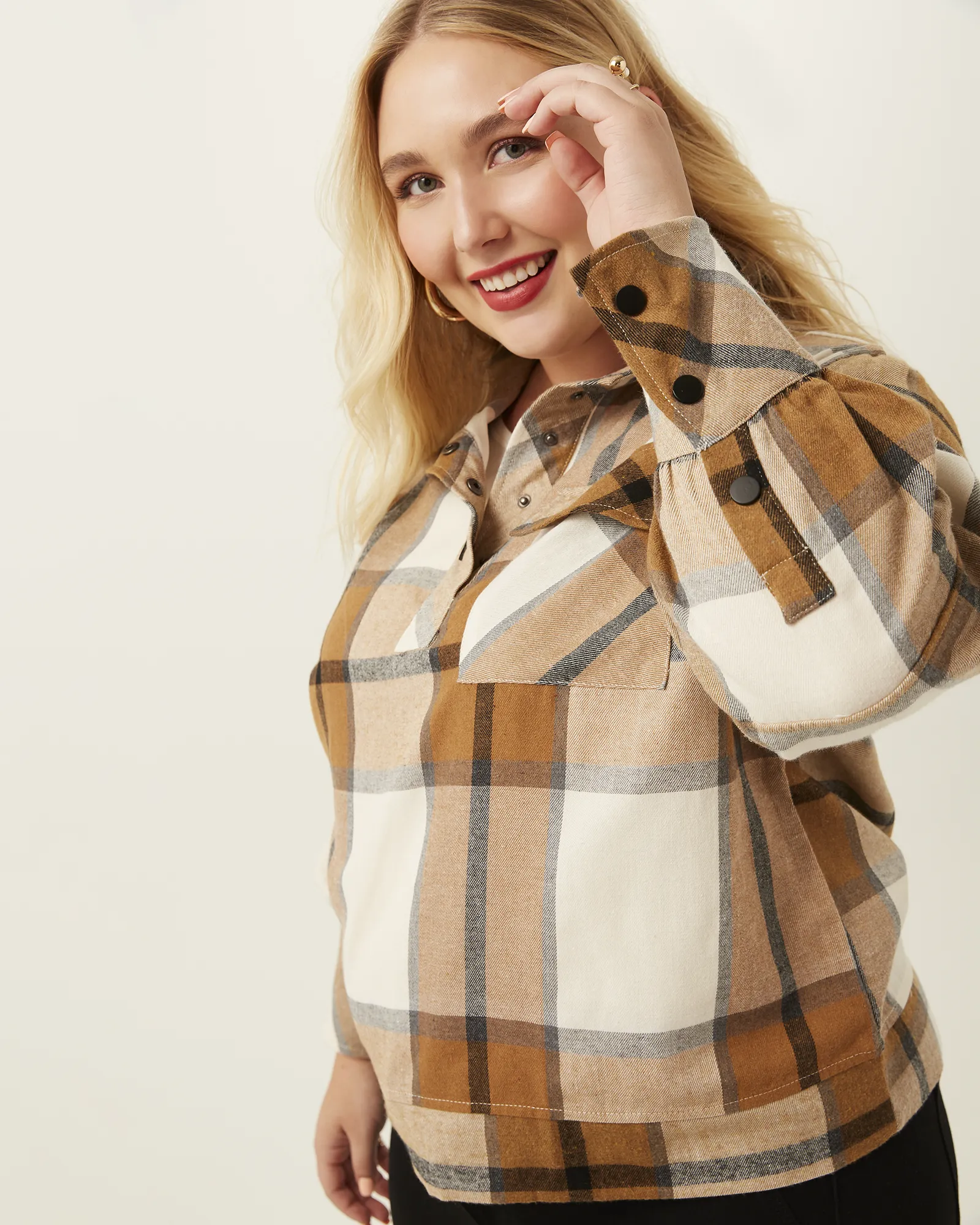 Sharon Plaid Shacket Pullover | White / Brown