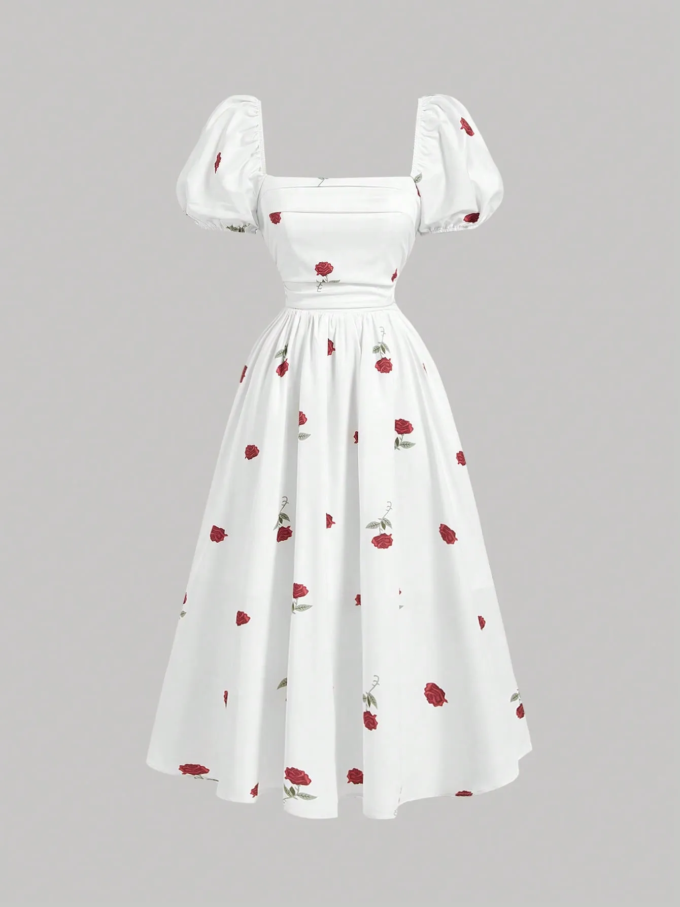 SHEIN MOD White Base Rose Flower Puff Sleeve Empire Waist Fairy Midi-Length Dress
