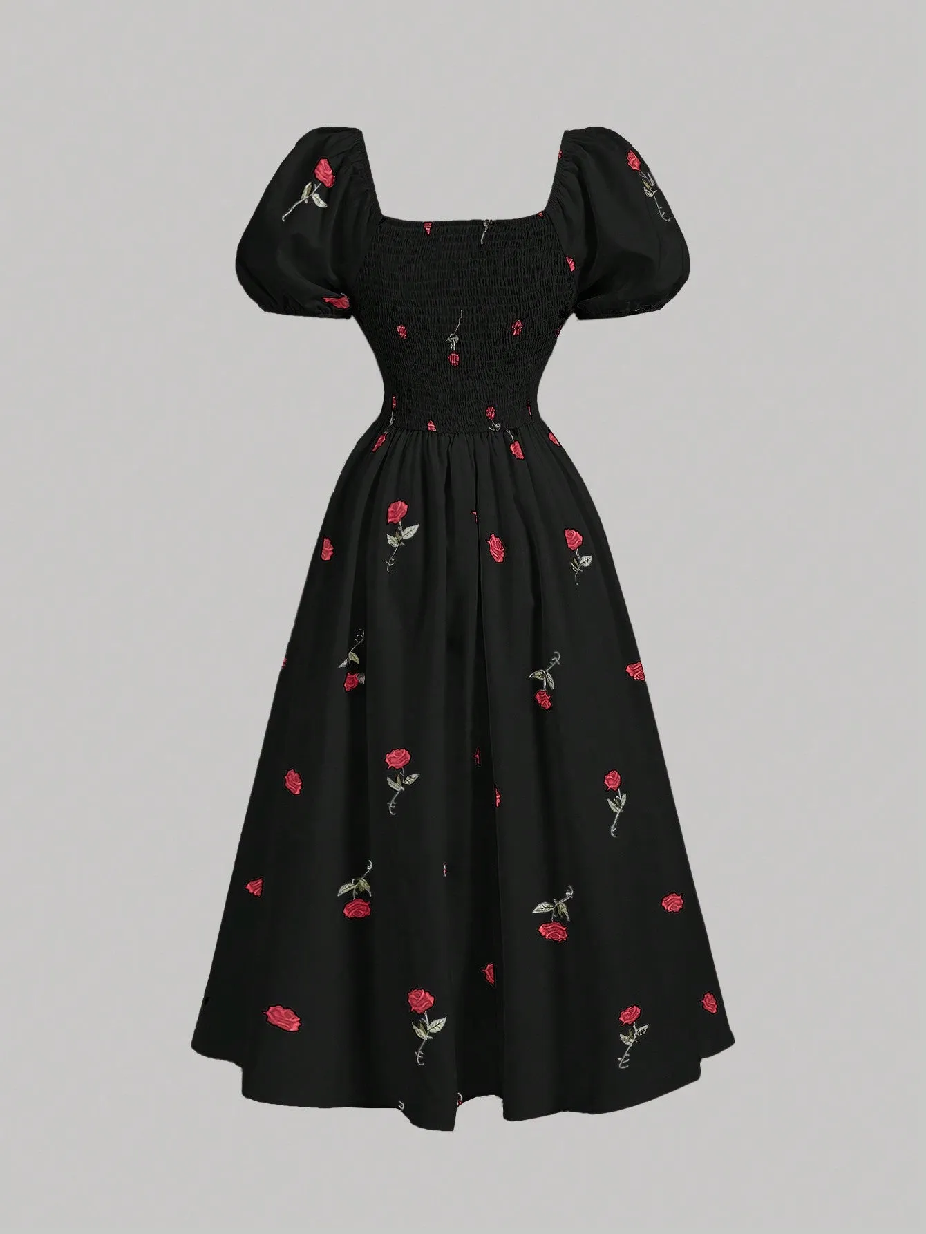 SHEIN MOD White Base Rose Flower Puff Sleeve Empire Waist Fairy Midi-Length Dress