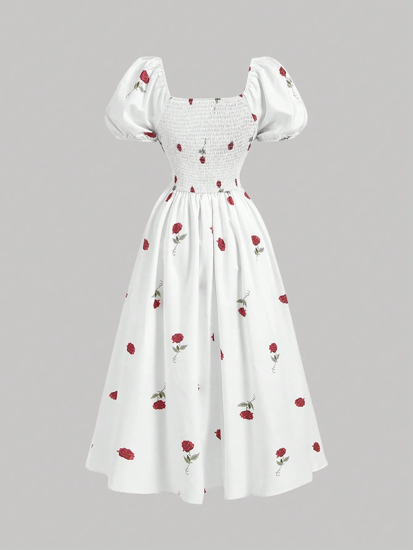 SHEIN MOD White Base Rose Flower Puff Sleeve Empire Waist Fairy Midi-Length Dress