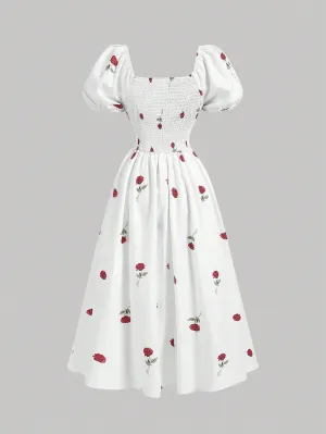 SHEIN MOD White Base Rose Flower Puff Sleeve Empire Waist Fairy Midi-Length Dress