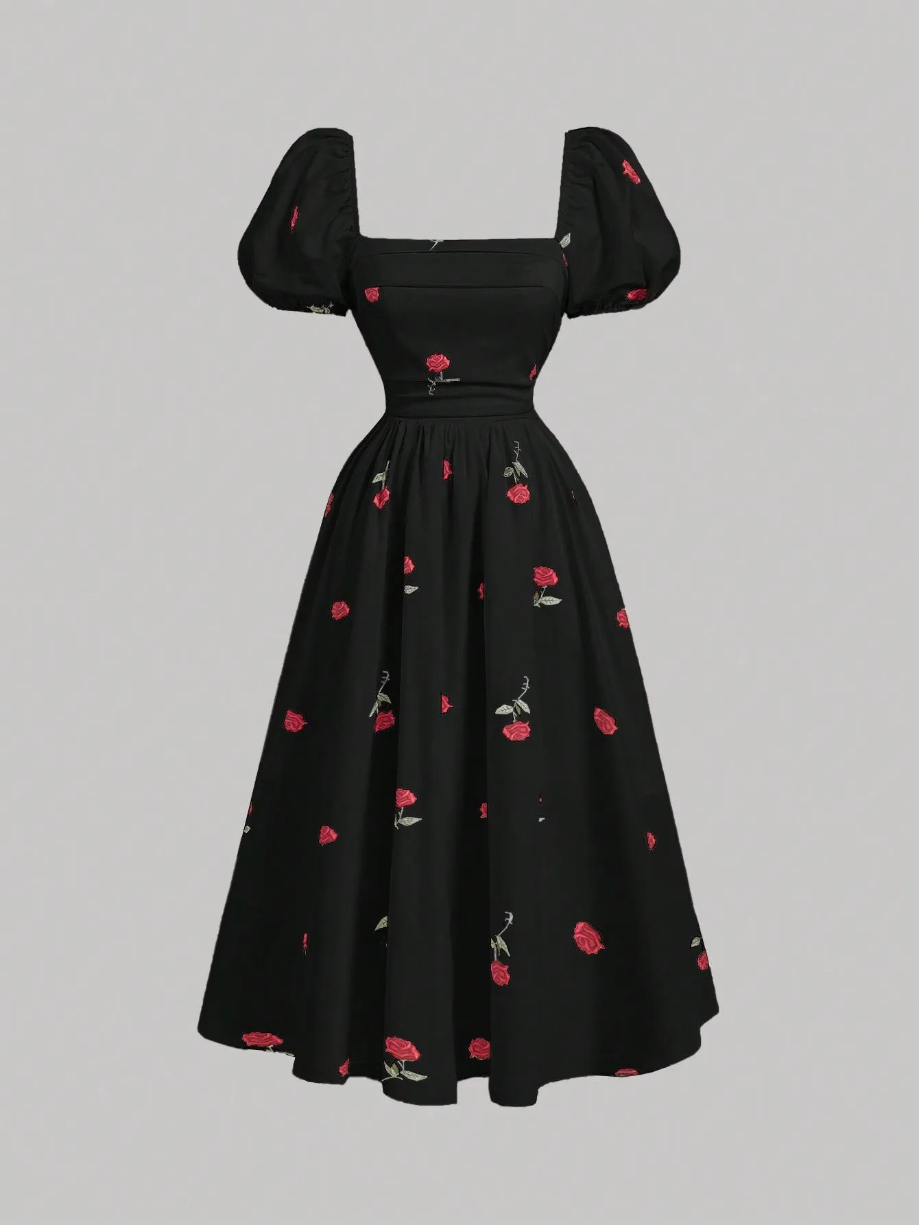 SHEIN MOD White Base Rose Flower Puff Sleeve Empire Waist Fairy Midi-Length Dress