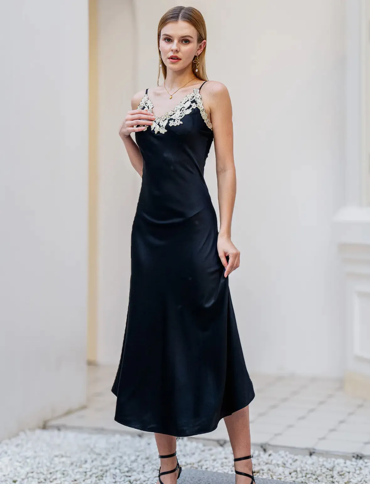 Silk Slip Dress with Lace Detail