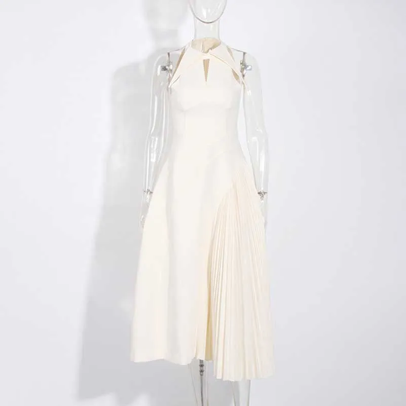 Sleeveless Cream Ruched Midi Dress