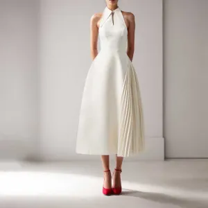 Sleeveless Cream Ruched Midi Dress