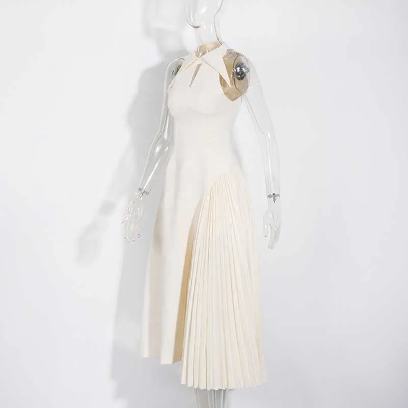 Sleeveless Cream Ruched Midi Dress