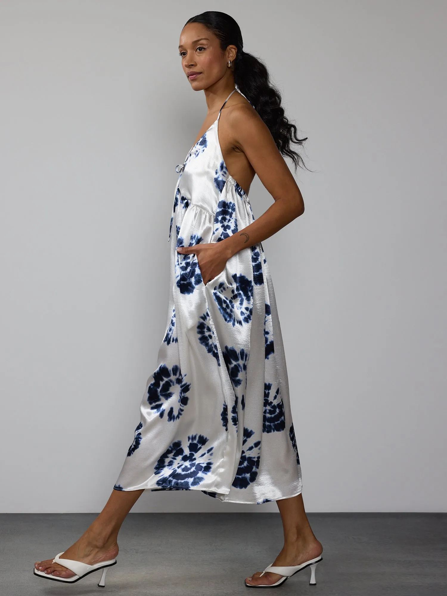 Sleeveless Tie Dye Print Satin Slip Dress
