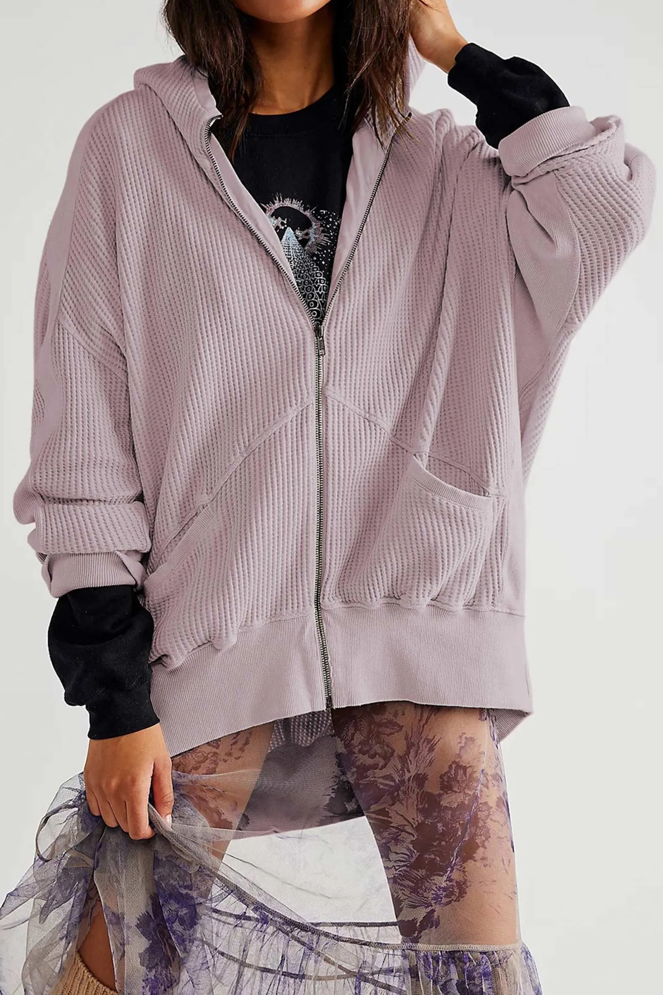 Solid Waffle Zipper Hoodie