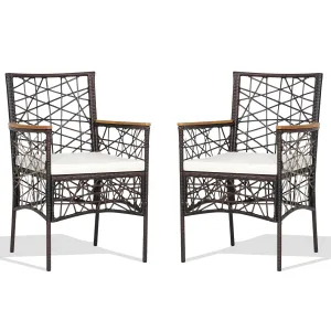 Tangkula Set of 2 Outdoor Dining Chairs, Patio Bistro Chairs with Acacia Wood Armrests and Soft Cushions