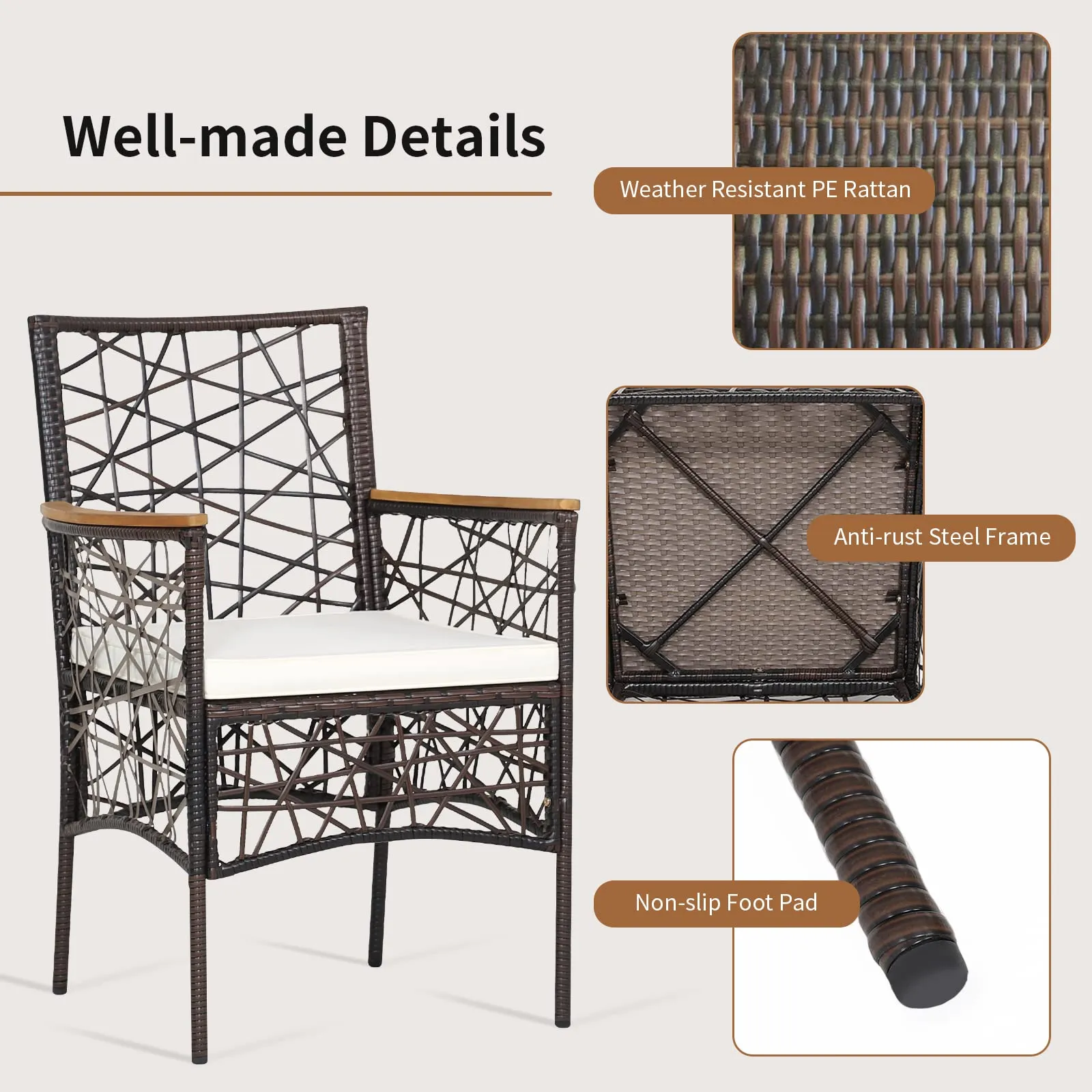Tangkula Set of 2 Outdoor Dining Chairs, Patio Bistro Chairs with Acacia Wood Armrests and Soft Cushions