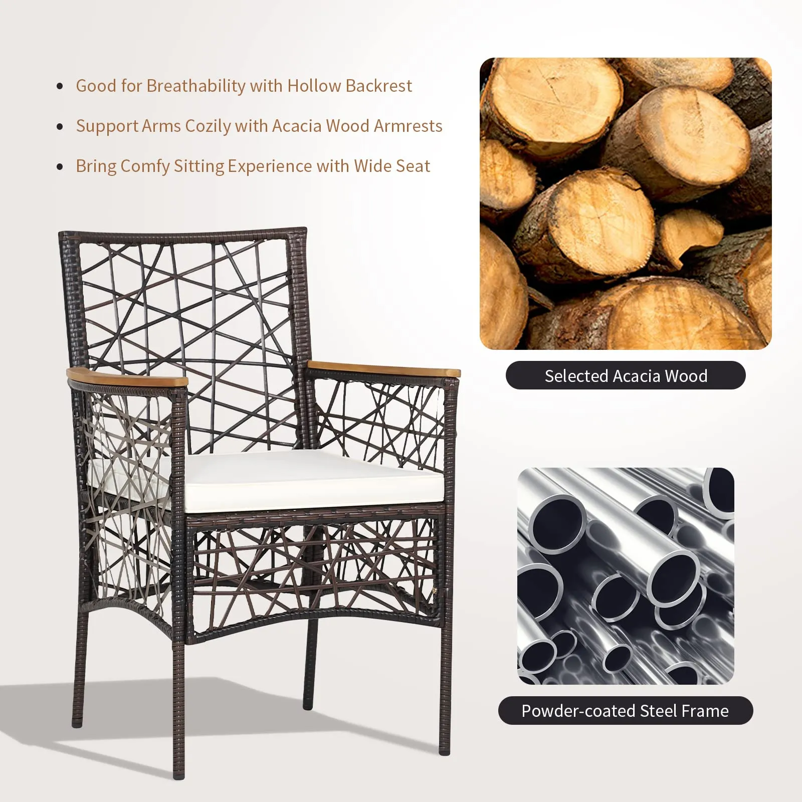 Tangkula Set of 2 Outdoor Dining Chairs, Patio Bistro Chairs with Acacia Wood Armrests and Soft Cushions