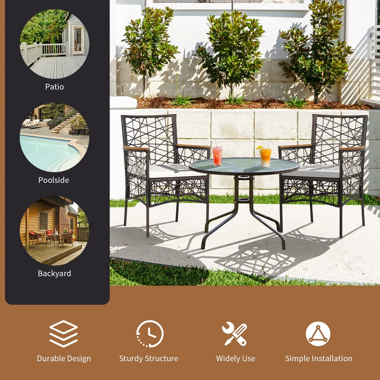Tangkula Set of 2 Outdoor Dining Chairs, Patio Bistro Chairs with Acacia Wood Armrests and Soft Cushions