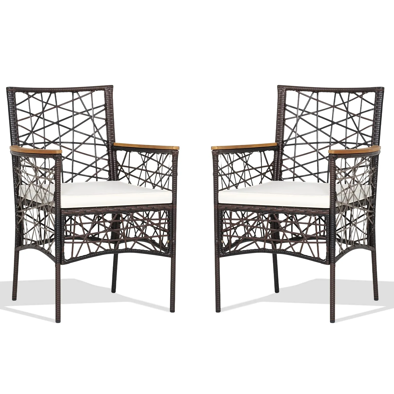 Tangkula Set of 2 Outdoor Dining Chairs, Patio Bistro Chairs with Acacia Wood Armrests and Soft Cushions