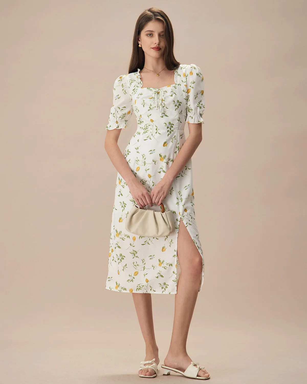 The White Square Neck Frill Trim Floral Midi Dress
