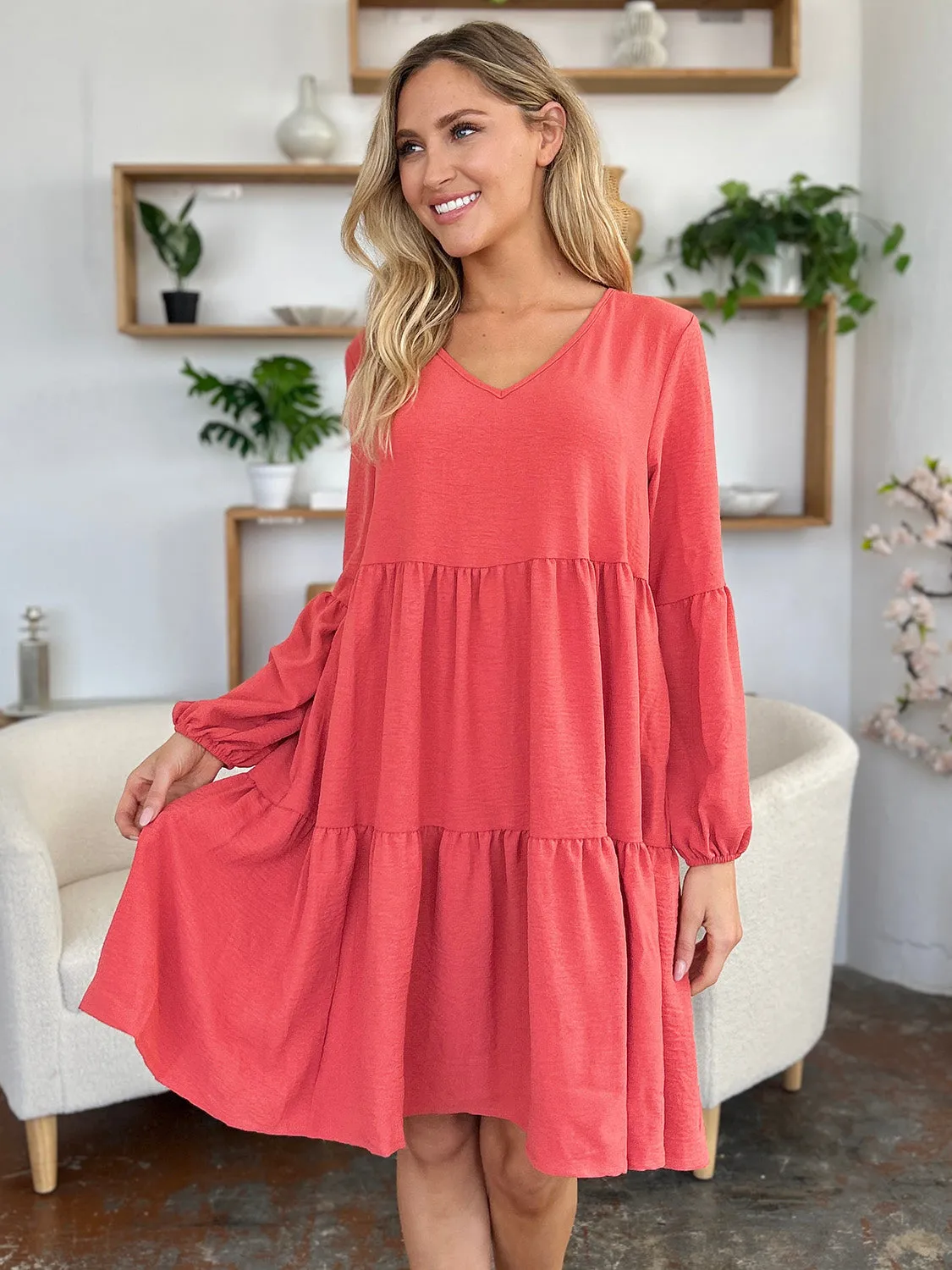 V-Neck Balloon Sleeve Tiered Dress with Pockets