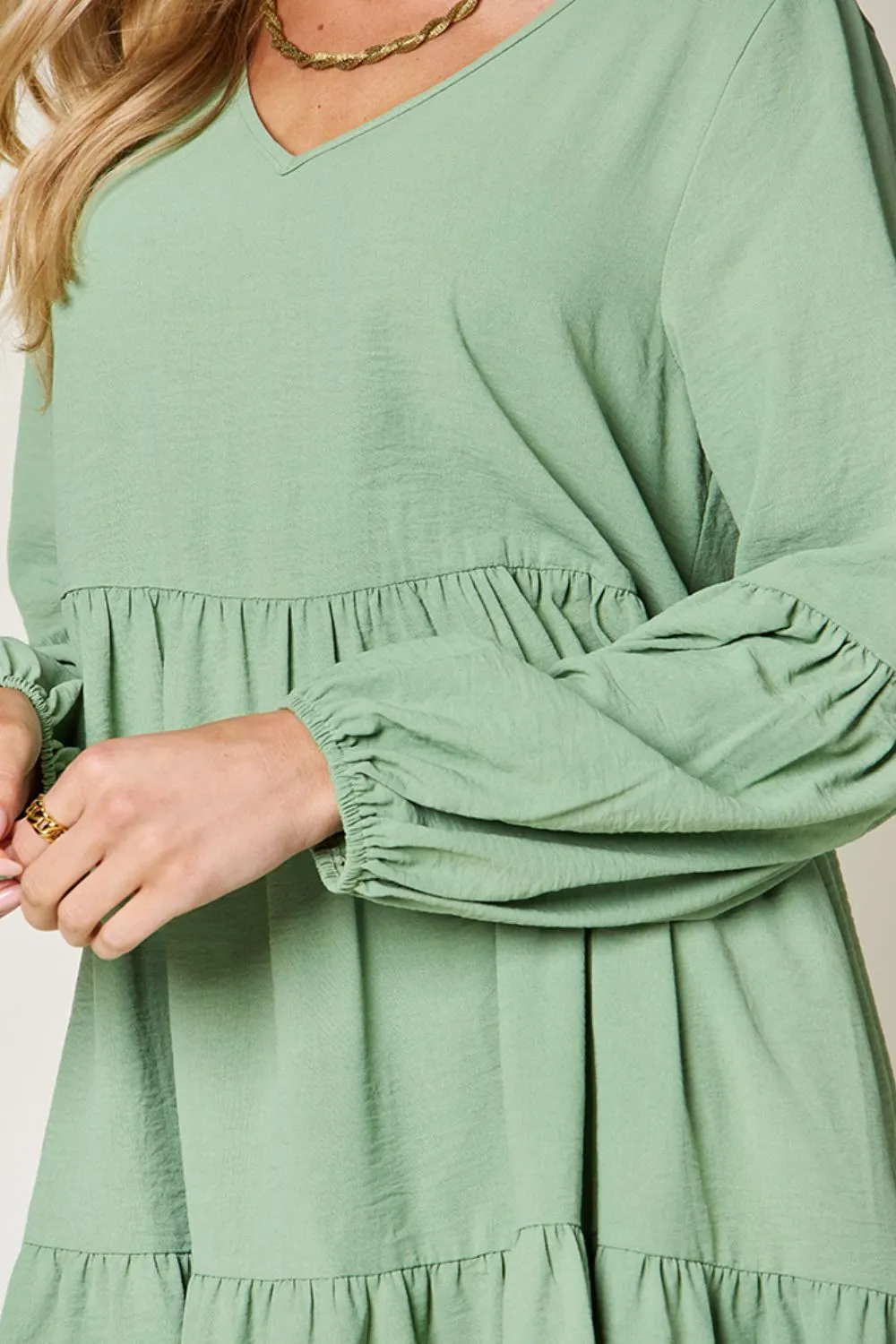 V-Neck Balloon Sleeve Tiered Dress with Pockets