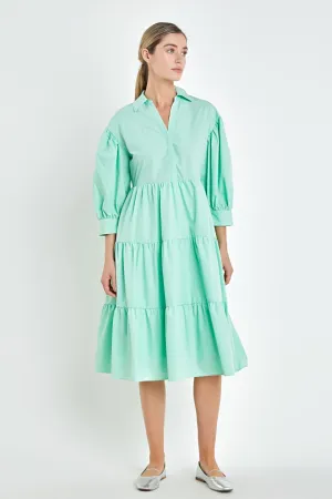 V-neckline Puff Sleeve Midi Dress