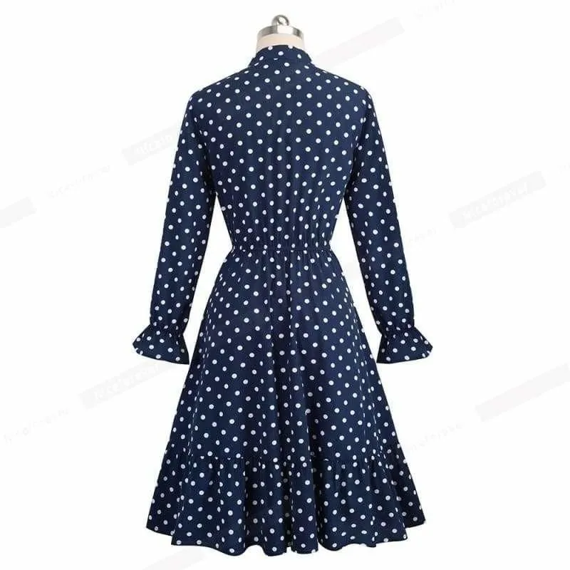 Vintage Polka Dots Pinup Bow Flare A-Line Swing Midi Dress