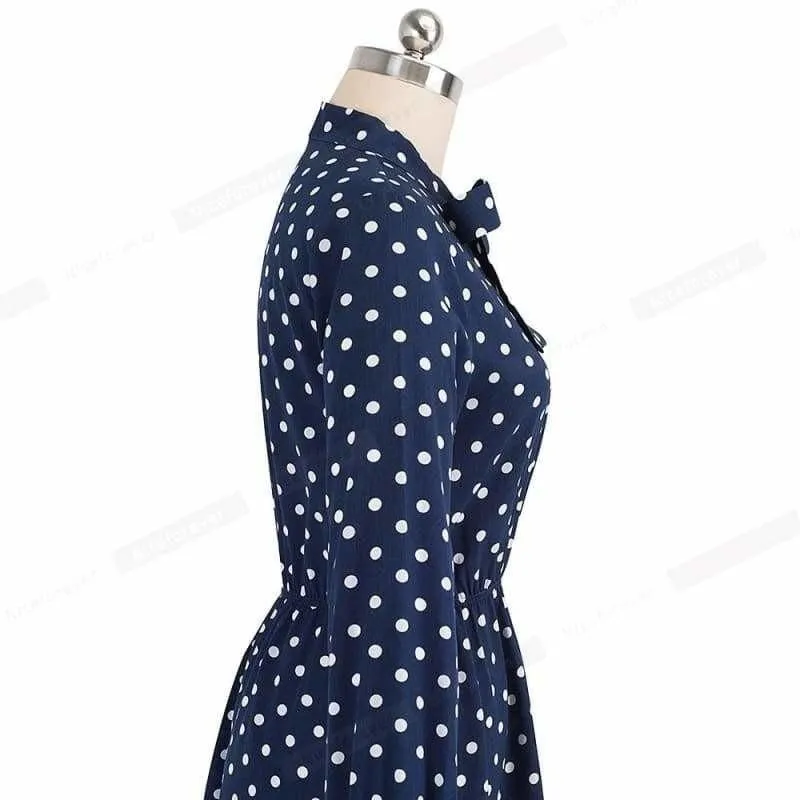 Vintage Polka Dots Pinup Bow Flare A-Line Swing Midi Dress