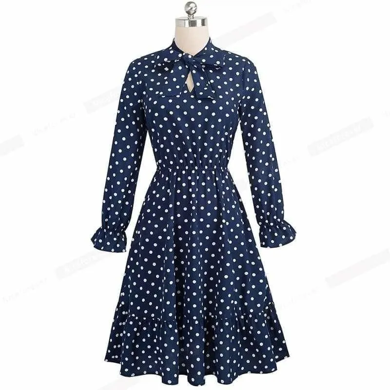 Vintage Polka Dots Pinup Bow Flare A-Line Swing Midi Dress