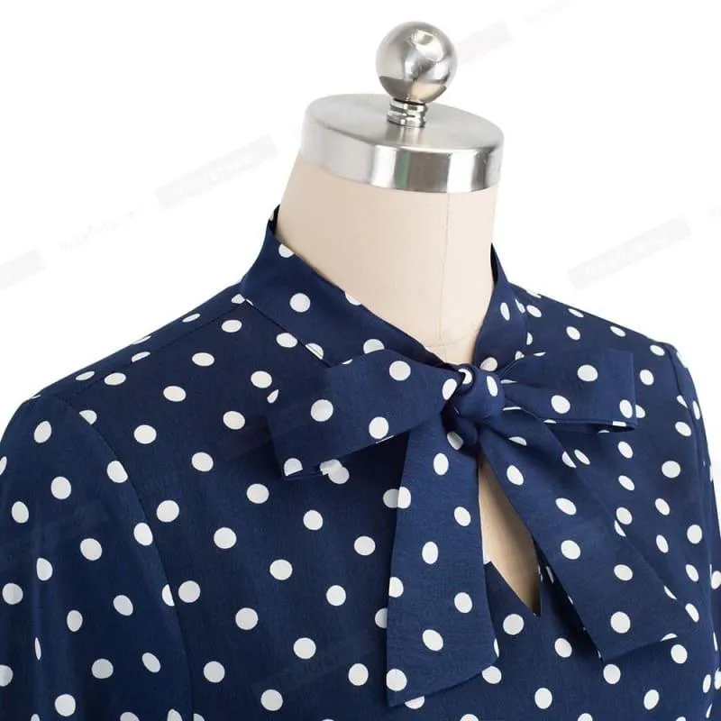 Vintage Polka Dots Pinup Bow Flare A-Line Swing Midi Dress