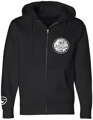 What's Your Happy? Embroidered pocket/sleeve full zip hoodie