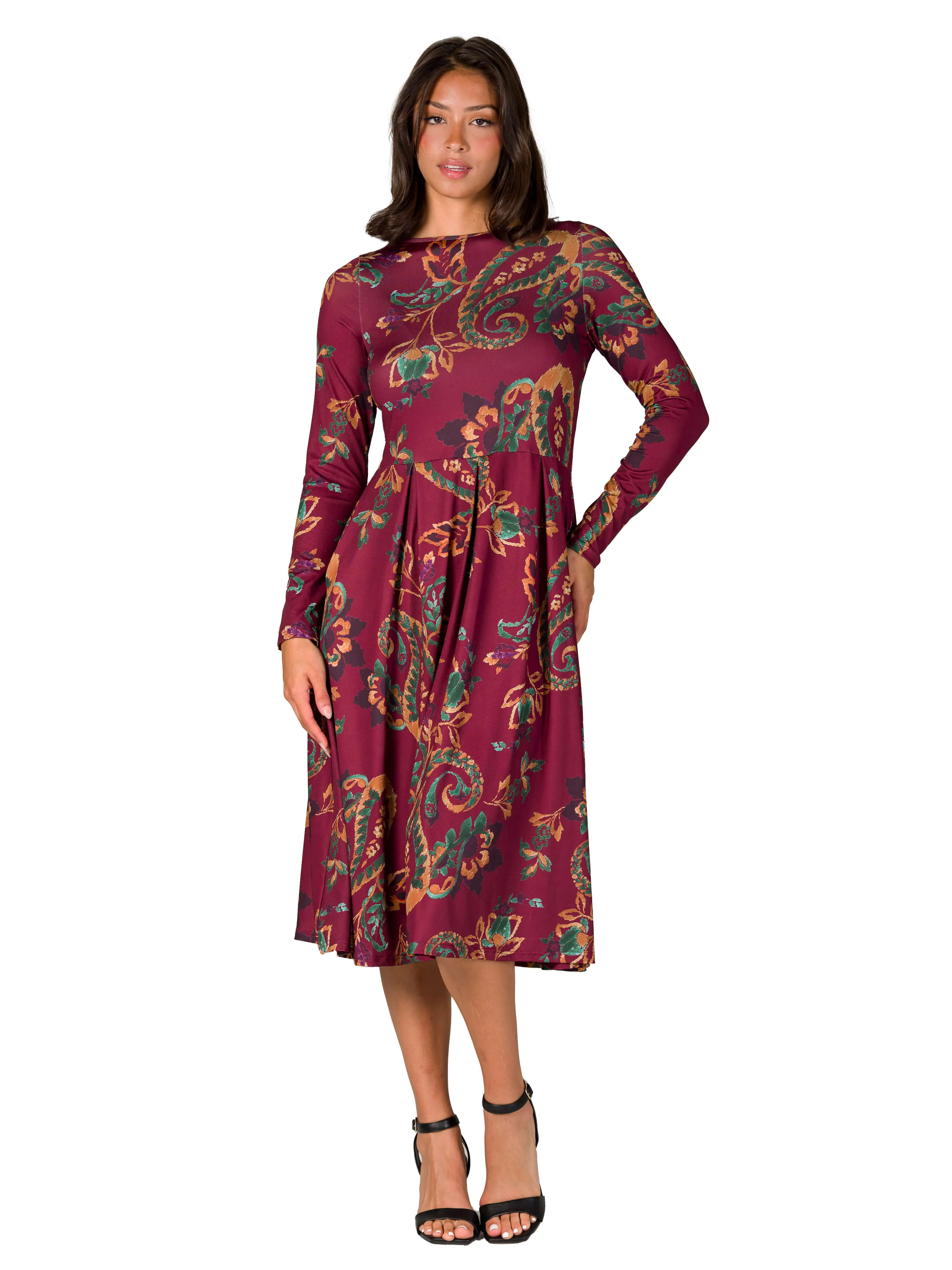 Wine Paisley Midi Length Long Sleeve Pocket Dress