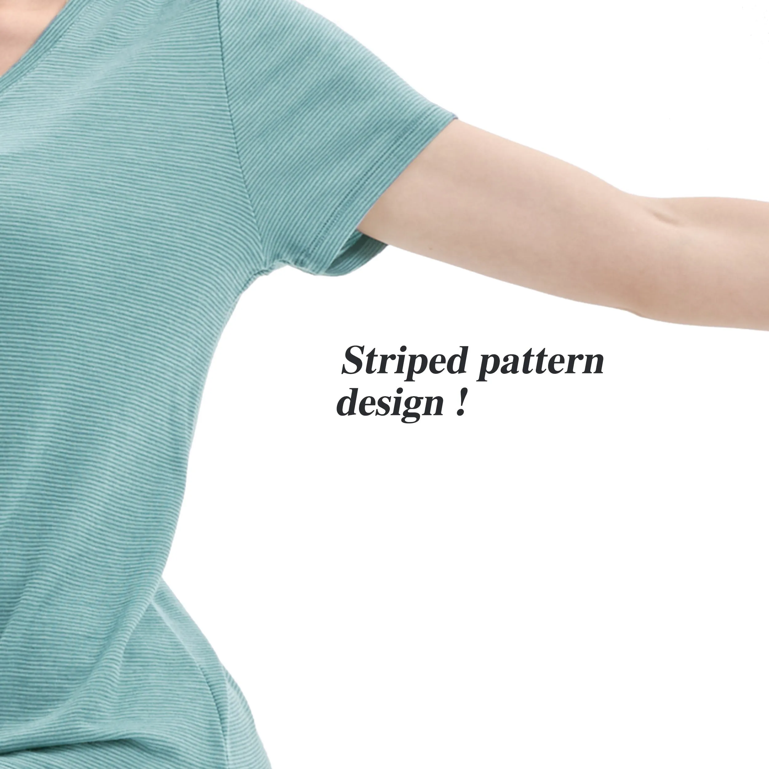 Women's Merino 200g V-Neck Short Sleeve T-Shirt Light Dusty Teal Stripes
