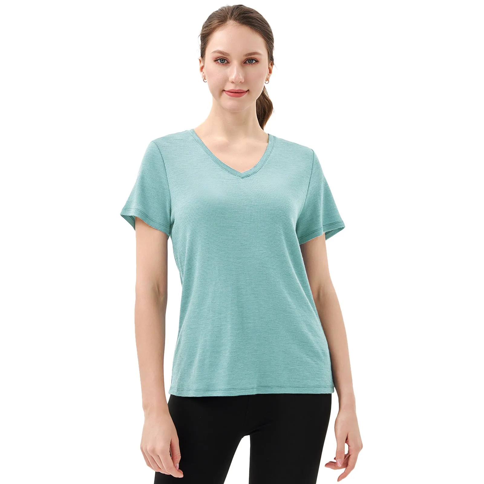 Women's Merino 200g V-Neck Short Sleeve T-Shirt Light Dusty Teal Stripes
