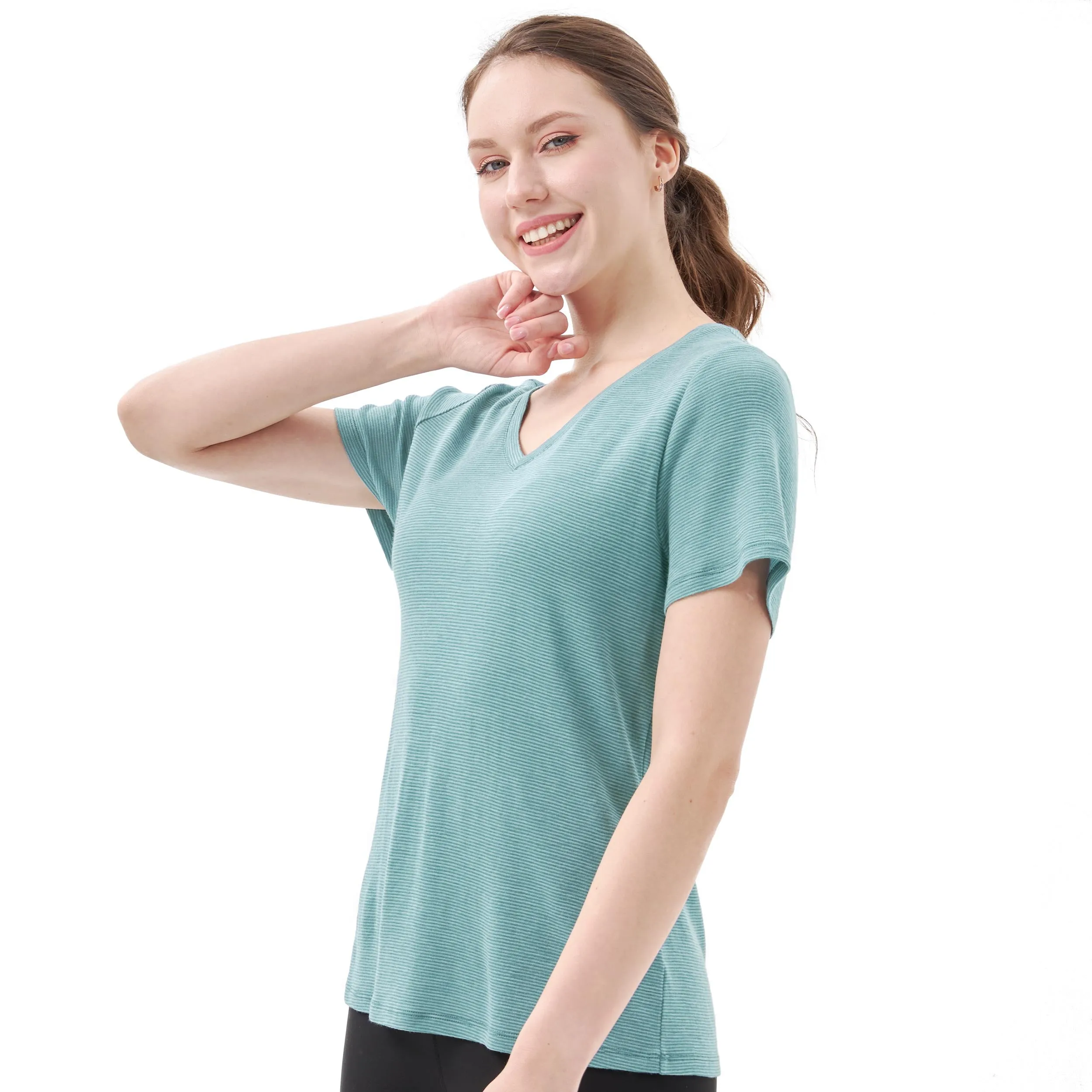 Women's Merino 200g V-Neck Short Sleeve T-Shirt Light Dusty Teal Stripes
