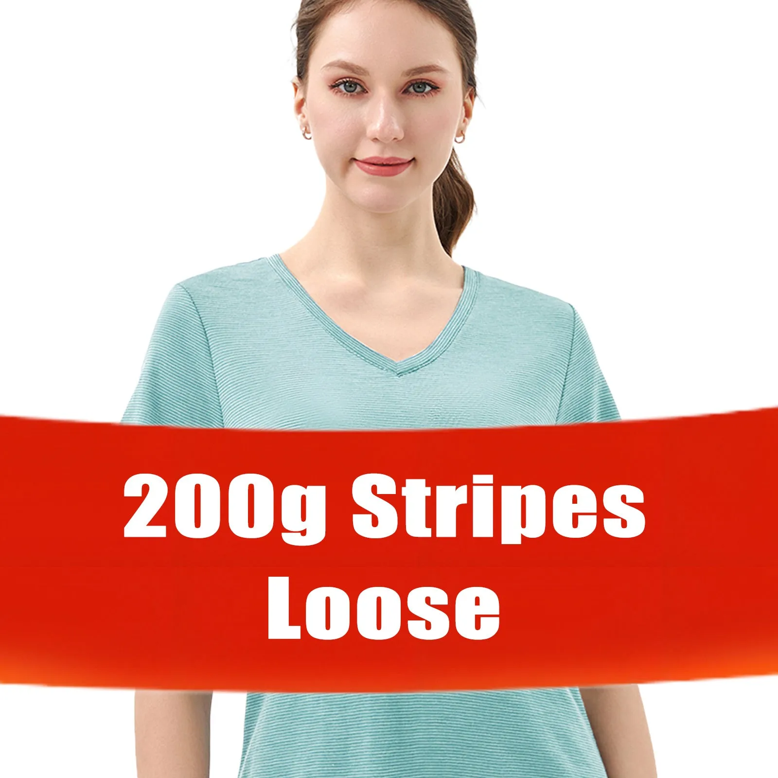 Women's Merino 200g V-Neck Short Sleeve T-Shirt Light Dusty Teal Stripes