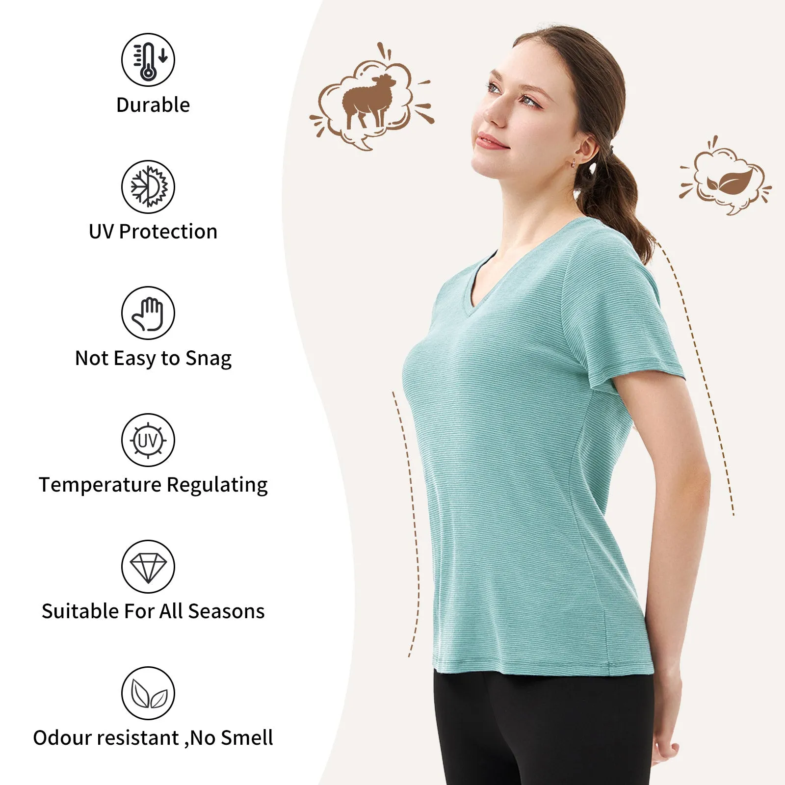 Women's Merino 200g V-Neck Short Sleeve T-Shirt Light Dusty Teal Stripes